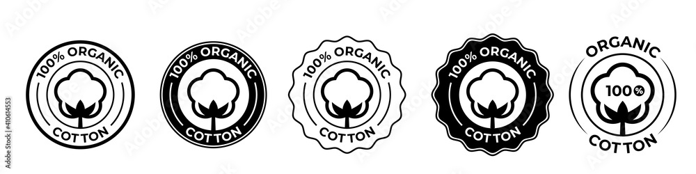 Cotton organic 100 icons, cotton flower logo for natural eco and bio vector stamps on textile fabrics and skincare cosmetics certificate - obrazy, fototapety, plakaty 