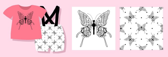 Wall Mural - A funny print for baby clothes. Cute pattern with butterflies. T-shirt design. Vector illustration. Ready-made textile design kit. Seamless patterns. Butterfly character. Printed pajamas. insects