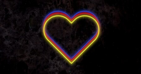 Sticker - Animation of red yellow and blue neon hearts flashing on dark wall