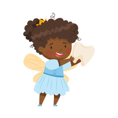 Poster - Cute Little Tooth Fairy Holding First Baby Tooth Vector Illustration