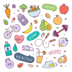 Healthy lifestyle cute doodle hand drawn elements vector illustration