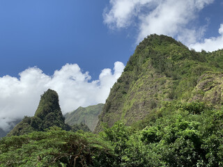 Closeup shot of a green volcanic rock mountain landscape on the island of Maui, Hawaii