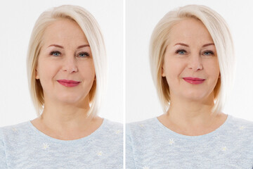 Before after thin hair and more valume hairstyle. Big volumized healthy hairstyling. Haircut and haircare concept. Blond middle aged woman before-after using shampoo and cosmetic products. Short hair