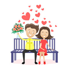 Poster - Romantic illustration with a young couple sitting on a bench on a white background.