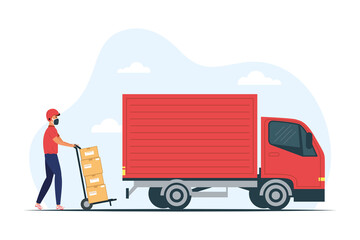 Wall Mural - truck and delivery service worker wearing medical mask with boxes in cart