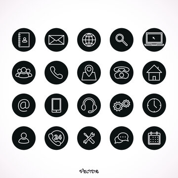 Contact us icons. Simple vector icons set on white background. Phone, smartphone, email, location, house, globe, address, chat.