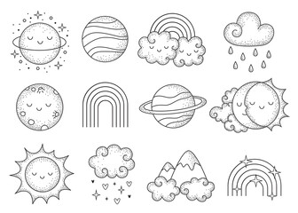 vector hand drawn celestial collection with cute planets, clouds, rainbous, stars