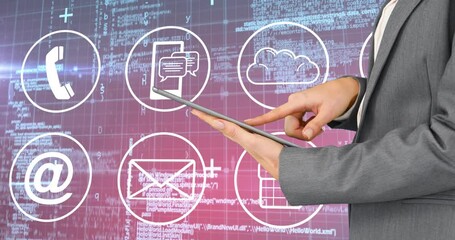 Poster - Digital composition of businessman using digital tablet against digital icons and data processing