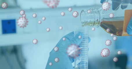 Poster - Animation of floating covid cells and hands of scientist working in lab