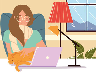 Sticker - home working, woman with laptop lamp and cat workspace