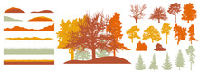 Forest, Constructor Kit. Silhouettes Of Beautiful Bare Trees, Fir Trees, Grass, Hill. Collection Of Element For Create Beautiful Autumn Forest Or Park, Woodland, Landscape. Vector Illustration.