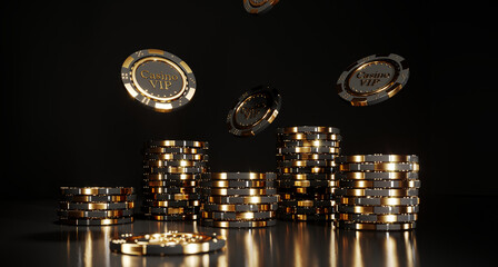 Wall Mural - Casino chips on black background. Casino game golden 3D chips. Online casino background banner or casino logo. Black and gold chips. Gambling concept, poker mobile app icon. 3D rendering.