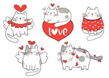 Draw Collection Cat For Valentine Day Doodle Cartoon Style.