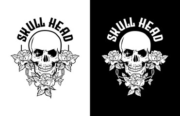 Sticker - illustration of skull head with American flag, guns and red roses