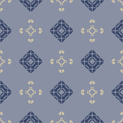 Vector geometric seamless pattern in ethnic style. Traditional folk motif. Abstract texture with diamonds, flower silhouettes. Soft blue and yellow ornament background. Repeat design for decor, fabric