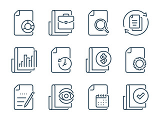Aufkleber - Report, Business document and Research list related vector line icons. Documentation and File management outline icon set.