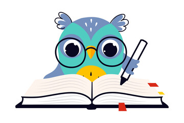 Canvas Print - Wise Owl in Glasses, Cute Bird Teacher Cartoon Character Writing with Pen in Notebook Vector Illustration