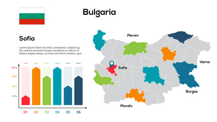  Bulgaria map. Vector image of a global map in the form of regions of Bulgaria regions. Country flag. Infographic timeline. Easy to edit