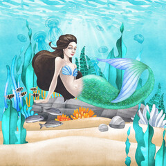 Wall Mural - Watercolor mermaid lies on the stone at the ocean sandy bottom among the coral reef plants and fish