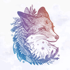 A fox with a wreath of coniferous forest plants. Dreamy magic art. Night, nature, wicca symbol. Isolated vector illustration. Great outdoors, tattoo and t-shirt design.