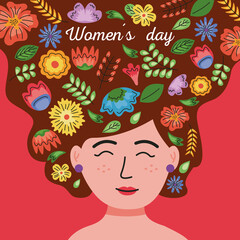 Sticker - international womens day lettering card in the woman hair with floral decoration