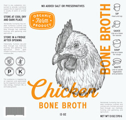 Wall Mural - Chicken Bone Broth Label Template. Abstract Vector Food Packaging Design Layout. Modern Typography with Hand Drawn Bird Face Sketch Background with Instruction Icons. Isolated