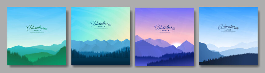 Wall Mural - vector illustration. a set of mountain landscapes in a flat style. natural wallpapers. geometric min