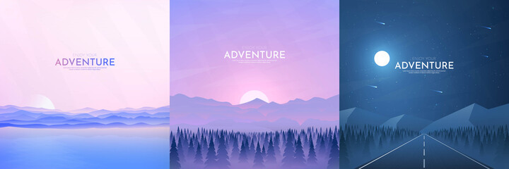 Wall Mural - vector illustration. landscapes collection. flat cartoon style. triangle shapes. misty forest, sunse