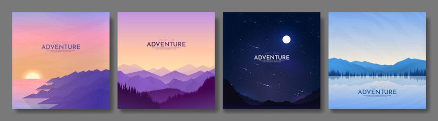 Wall Mural - vector illustration. minimalist backgrounds. flat concept. 4 landscapes collection. mountain view, f