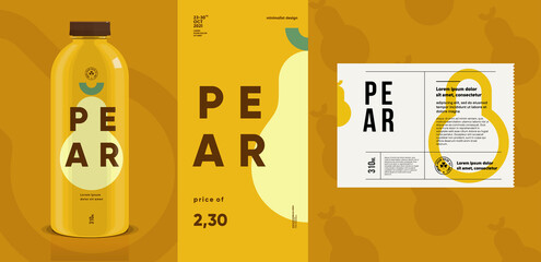 Pear. Flat vector illustration. Price tag, label, packaging and product poster. Label design template on a bottle. Minimalistic, modern label.