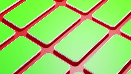 Poster - Collection of white phones, mockup of mobile devices with green screen or chroma key for editing and replacement media content, video editing, line of smartphones on red background, mass production.