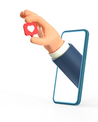 3D illustration of cartoon businessman hand holding like heart icon on a red pin  through smartphone screen. Social media concept, web icon, mobile application. Isolated on white.