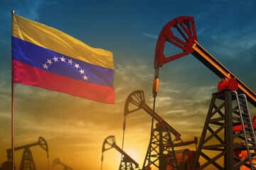 Wall Mural - Venezuela oil industry concept. Industrial illustration - Venezuela flag and oil wells against the blue and yellow sunset sky background - 3D illustration