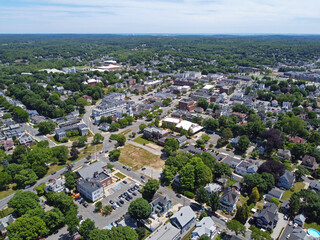 Wall Mural - Wakefield historic town center aerial view on Main Street in Wakefield, Massachusetts MA, USA. 