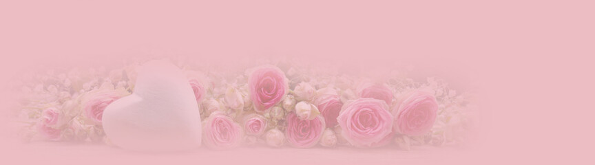 Wall Mural -  Floral banner with roses and heart , soft pastel colors - background panorama - concept Mother's Day, Valentine's Day, wedding or birthday