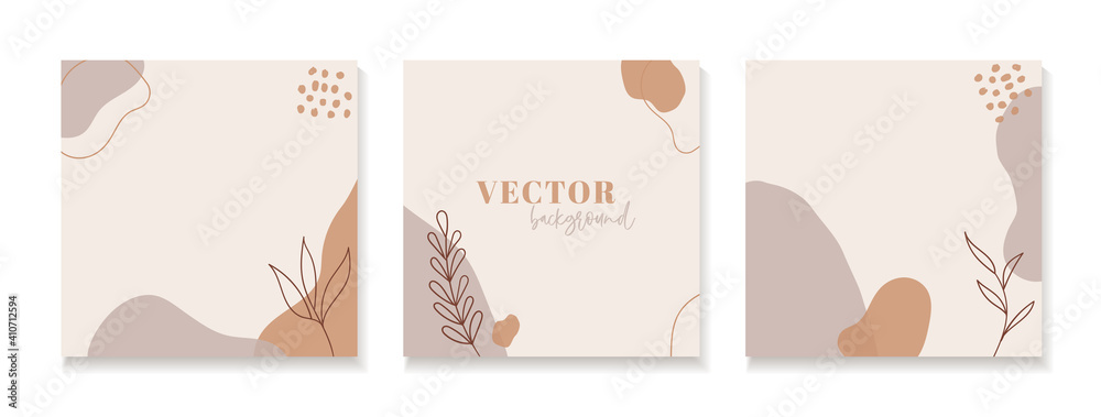 Set of abstract floral backgrounds for instagram posts. Vector trendy minimal templates in boho style with copy space for text - obrazy, fototapety, plakaty 