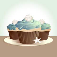 A trio of ocean themed cupcakes with seashells on top. 
