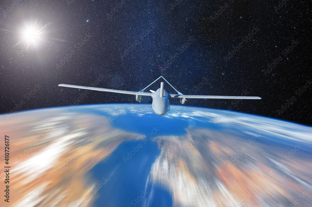Space shuttle flying in earth orbit with wings designed for flights in ...