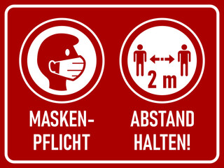 horizontal coronavirus warning sign in german with round icons maskenpflicht (face mask required) an