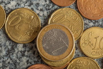 High angle shot of a stack of euro coins