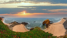 Sandy Beaches Praia Do Guincho And Praia De Santa Cruz, Portugal. Misty Weather. People Are Unrecognizable. Multi Shots High Resolution Panorama. Beautiful Natural Summer Vacation Travel Concept.
