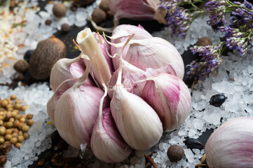 fresh garlic around Spices and sea salt  at black background. seasonings, Colorful natural meal additives. healthy food concept. macro