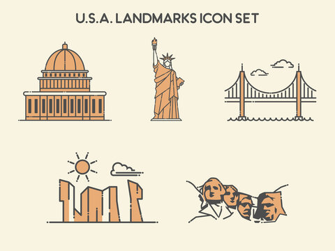 U.S.A. Landmarks Building Lineal Icon Pack - Landmarks Building Icon Vector Illustration Concept.