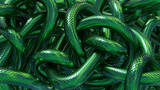 Tangled snakes with green metallic scales. Fantasy background. 3D rendered image.