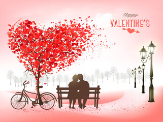 Aufkleber - Valentine's Day holiday background with tree with heart-shaped leaves and couple in love on a bench. Concept of love. Vector