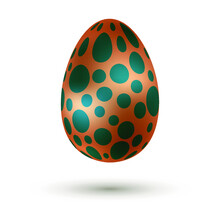 Metallic 3d Golden Bronze Easter Egg With Shiny Sea Green Blue Polka Dot Pattern And Shadow Isolated On White Background. Easter-egg Hunt Design. Vector Illustration
