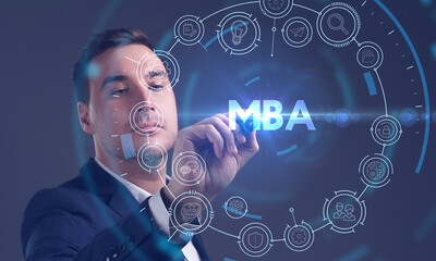 Business, Technology, Internet and network concept. Young businessman working on a virtual screen of the future and sees the inscription: MBA