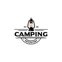 Hand Drawn Camping Logo With Lantern Vintage. Retro Style Camping Logo. Outdoor Adventure Badge Design. Travel And Hipster Emblem. Wilderness Theme. Stock Vector