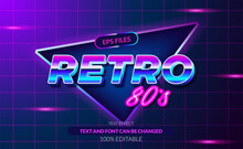 Retro 80s Old Style For Disco Nightlife And Neon Pink Glow Light Editable Text Effect. Eps Vector File