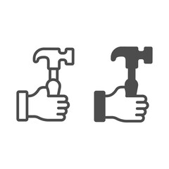 Poster - hammer in hand line and solid icon, labour day concept, carpentry equipment sign on white background
